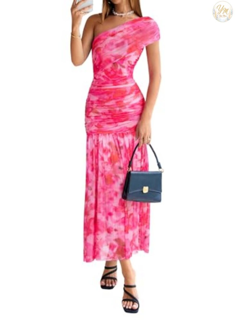 Women One Shoulder Floral Maxi Dress Sleeveless Ruched Bodycon Mesh Wedding